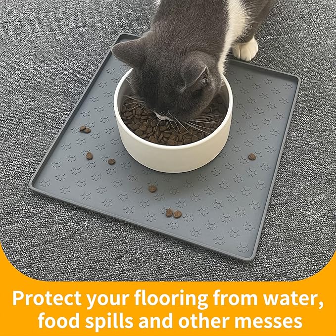 Ptlom Grey Pet Placemat for Dog and Cat, Waterproof Non-Slip Silicone Feeding Bowl Mat Prevent Food and Water Overflow, Puppy Dish Feeder Fountain Trays Suitable for Medium and Small Pets