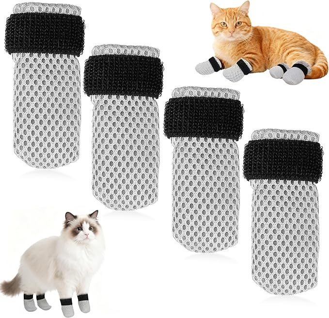 Cat Booties Anti Scratch Mittens,4 PCS Gray cat Claw Covers,Mesh Breathable Cat Shoes,Adjustable Cats Anti Scratch Gloves,Suitable for Cats When Bathing and Nail Trimming (M)