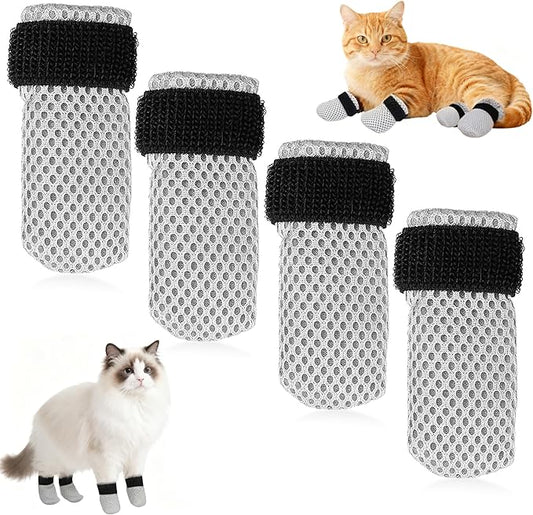 Cat Booties Anti Scratch Mittens,4 PCS Gray cat Claw Covers,Mesh Breathable Cat Shoes,Adjustable Cats Anti Scratch Gloves,Suitable for Cats When Bathing and Nail Trimming (M)