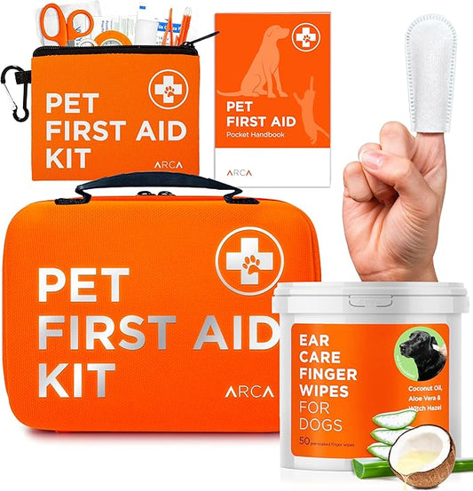 Care Bundle - First Aid Kit and Ear Cleaner Wipes for Dogs, Essential Health and Hygiene Set
