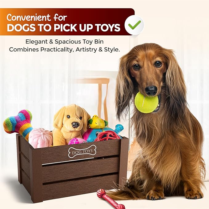 Hope Haven Wooden Dog Toy Bin – Chew-Resistant Toy Storage Box – Large Capacity Basket for all Pet Accessories – Heavy Duty, Pet-Safe Design for Organizing Dog Toys, Leashes, Treats, and More