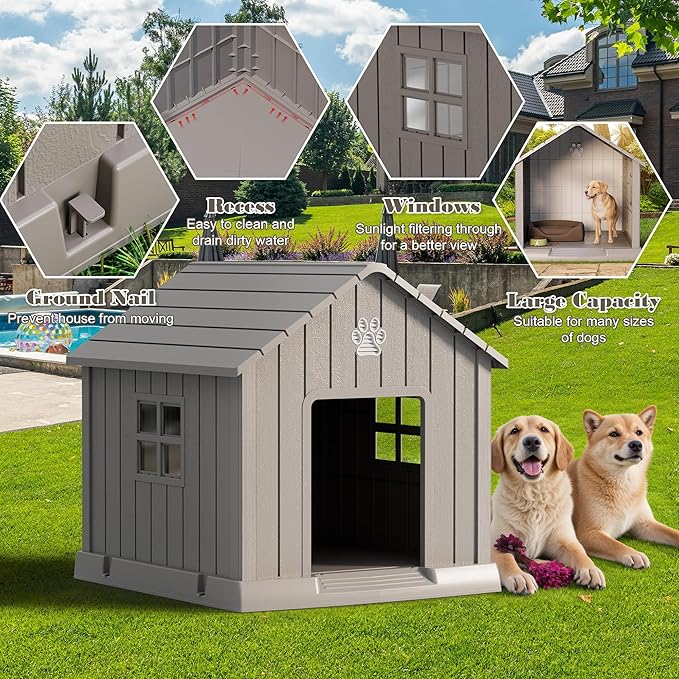 Dog House Outdoor Indoor - Waterproof, Ventilated, Easy to Clean, Elevated Floor for Small-Large Dogs, Easy to Assemble (Grey, 37.2" L x 40" W x 40" H)