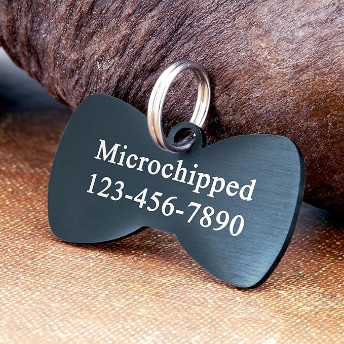 Ultra Joys Cat ID Tag Personalized Pet Tags, Durable Stainless Steel Small Pet Mini Dog Cat Tag Lightweight - Bowtie Tag in Black