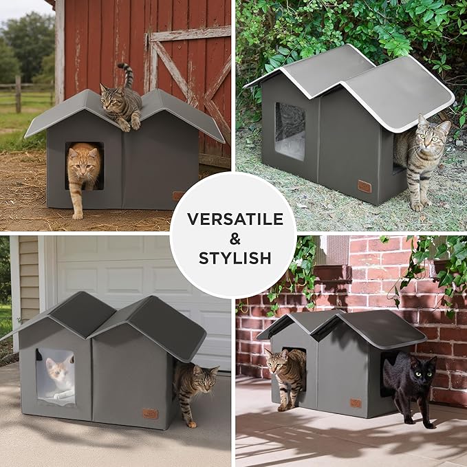 Bedsure Weatherproof Outdoor Cat House - Extra Wide Insulated Feral Cat Shelter with Raised Base in Winter, Waterproof Outside Pet Hideout for Stray Kitty, 22.5x12.5x13.25inches, Grey