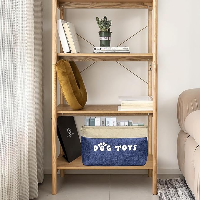 PET ARTIST Dog Toy Basket, Collapsible Dog Toy Bin Box with Comfortable Handles, Large Pet Toy Storage Basket Organizer for Accessories, Toys, Coat & Clothing, Blanket & Leash, Navy Blue, 15"x11"x9"