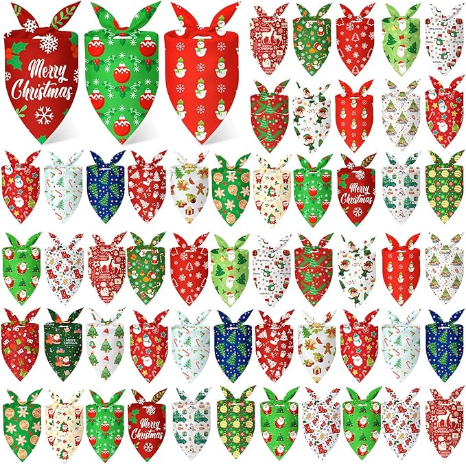 Abbylike 50 Pieces Christmas Dog Bandanas Bulk Xmas Bandanas for Dogs Triangle Kerchief Bibs Scarf Set for Christmas Pet Costume Accessories Decoration (19.7 x 13.8 x 13.8'')