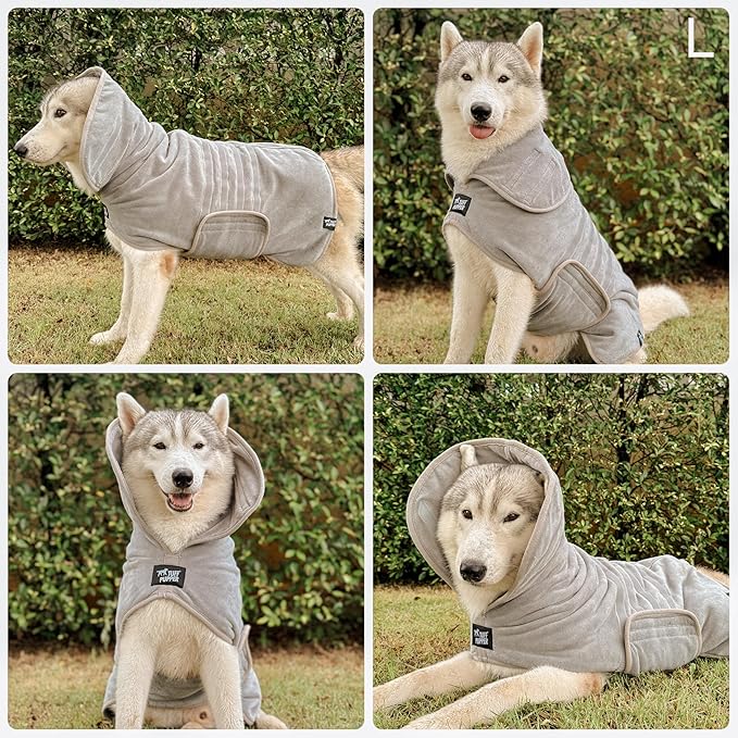 Tuff Pupper Fast Drying Dog Bath Robe | 800 GSM Plush Dog Towel Bathrobe/Dressing Gown | Super Absorbent Pet/Puppy Bathrobe | Adjustable Hood & Belly Strap | Super Soft | Fast Drying (L, Gray)