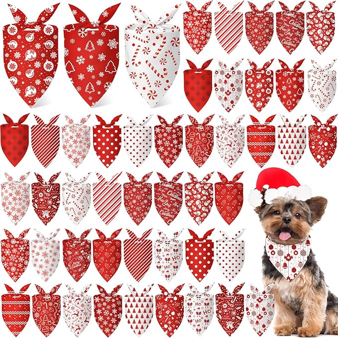 Abbylike 50 Pcs Christmas Dog Bandanas Bulk Xmas Red and White Bandanas for Dogs Triangle Kerchief Bibs Scarf Set for Pet Christmas Costume Photo Props Accessories Pet Shops (19.7 x 13.8 x 13.8)