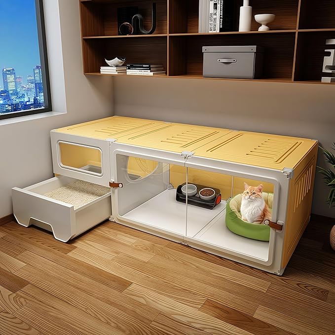 Large Cat Enclosure with Litter Box, Indoor Transparent Cat Villa, DIY Semi-Enclosed Crate (White, 41x18x14 inche)