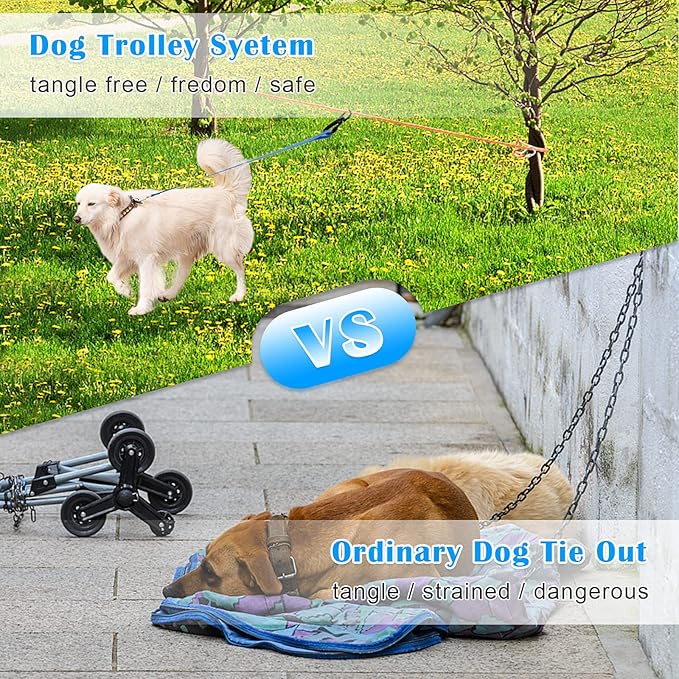Dog Tie Out Cable for Camping, 100ft Reflective Overhead Trolley System for 2 Dogs, Portable Dog Hitching Lead up to 300lbs, Dogs Runner for Yard Camping Training Running Hiking Outdoor