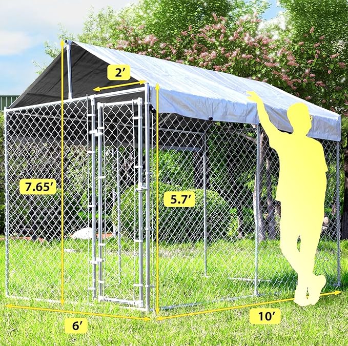 Large Dog Kennel Outdoor, Outside Dog Run Enclosure Heavy Duty Galvanized Steel Chain Link Metal Dog Pen House with Lockable Door and Water-Resistant Roof, for Medium and Large Dogs(10'x6'x7.65')
