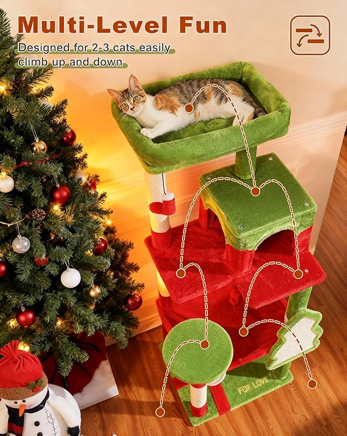 Cat Christmas Tree for Indoor Cats – 56.3“ Cat Proof Christmas Tree Tower with Large Hammock, 3 Scratching Posts & 3 Christmas Toy Balls – Holiday Cat Tree with Festive Decor, Christmas Red