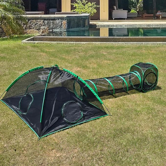 3-in-1 Outdoor Cat Enclosure, Portable Catio for Outside, Outdoor Cat Tent with 2 Tents and 1 Straight Tunnel, Green Enclosed Playpen for Kitty and Other Small Animals, Support Expansion