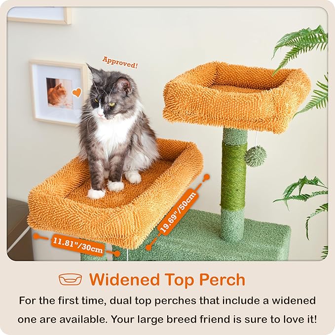 Ouritsu Cat Tree, 57 inch Cat Tower for Large Cat Indoor, 2 Top Perches with 1 Widened, 2 Condos with 1 Enlarged, Steel Frame Hammock, Scratching Posts and Scratching Pad, Green, LF003GB