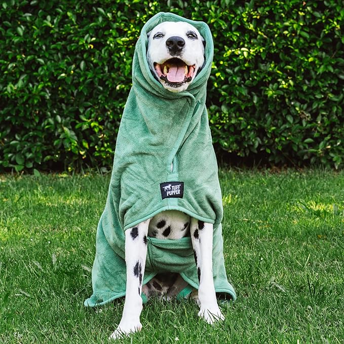 Tuff Pupper Fast Drying Dog Bath Robe | 800 GSM Plush Dog Towel Bathrobe/Dressing Gown | Super Absorbent Pet/Puppy Bathrobe | Adjustable Hood & Belly Strap | Super Soft | Fast Drying (XL, Green)