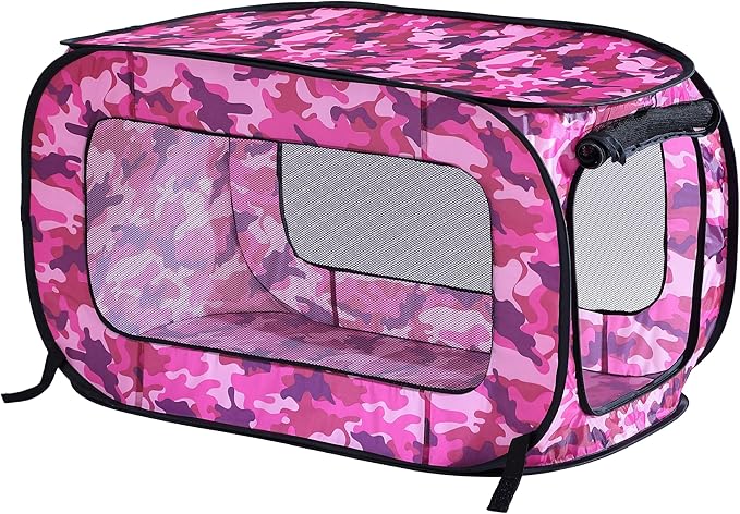 Beatrice Home Fashions Portable, Collapsible, Pop Up Kennel Travel Cat and Dog Crate, 36" L x 22" W x 22" H, Camo Pink