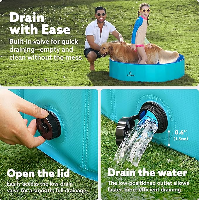 SLOOSH Foldable Dog Kiddie Pool - Portable Hard Plastic Doggie Swimming Pool, Anti-Slip Collapsible Pets Bath Tub Suitable for Kids Indoor Outdoor Backyard Use (48" x 12", Blue)