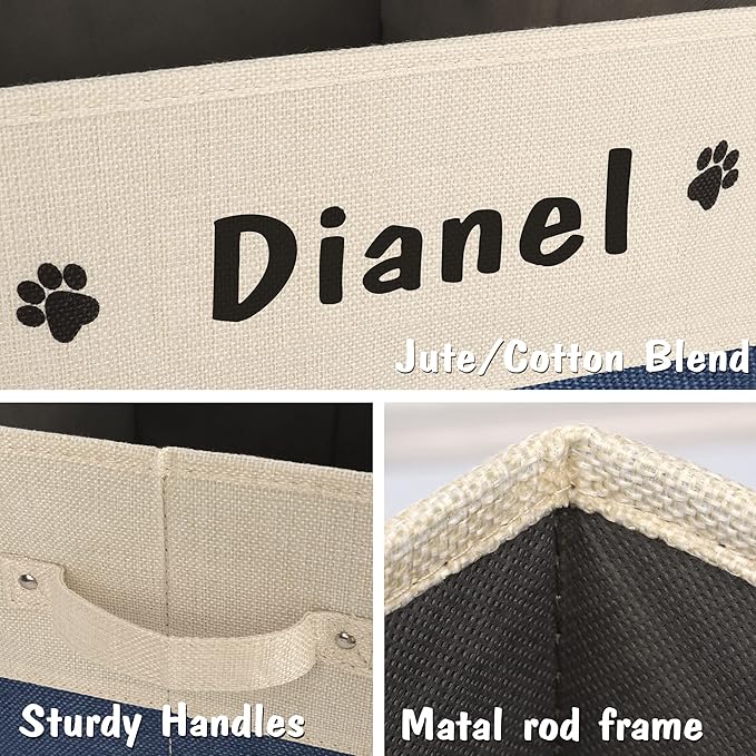 PET ARTIST Large Dog Toy Basket, Custom Toy Bin Box Personalized with Pet's Name, Collapsible Pet Storage Baksets With Handle for Toys,Blankets,Accessories- Navy Blue