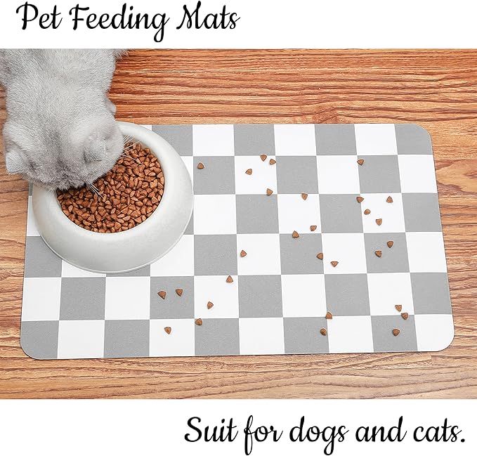Ralxion Checkered Dog Feeding Mat, Absorbent Mats for Dog Food and Water Bowl, Dispenser, Retro Modern Aesthetic Preppy Grey Checkerboard Pet Placemat for Dogs, Cats, Puppy Accessories, 12" X19”