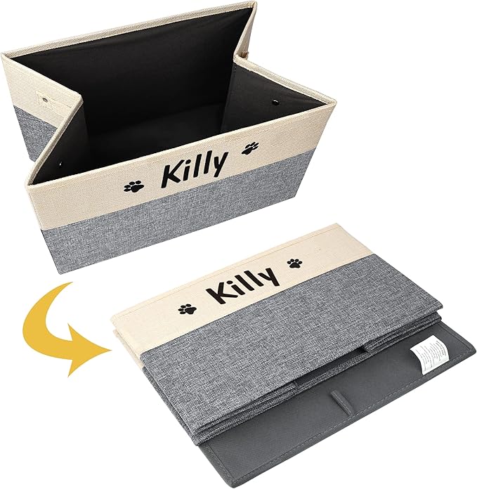 PET ARTIST Personalized Dog Toy Bin for Dog Toys Accessories - Foldable Dog Toy Basket Storage Box for Pet Toys,Dog Coat, Upgrade Grey, M:15''(38cm)*11''(28cm)*9''(23cm)
