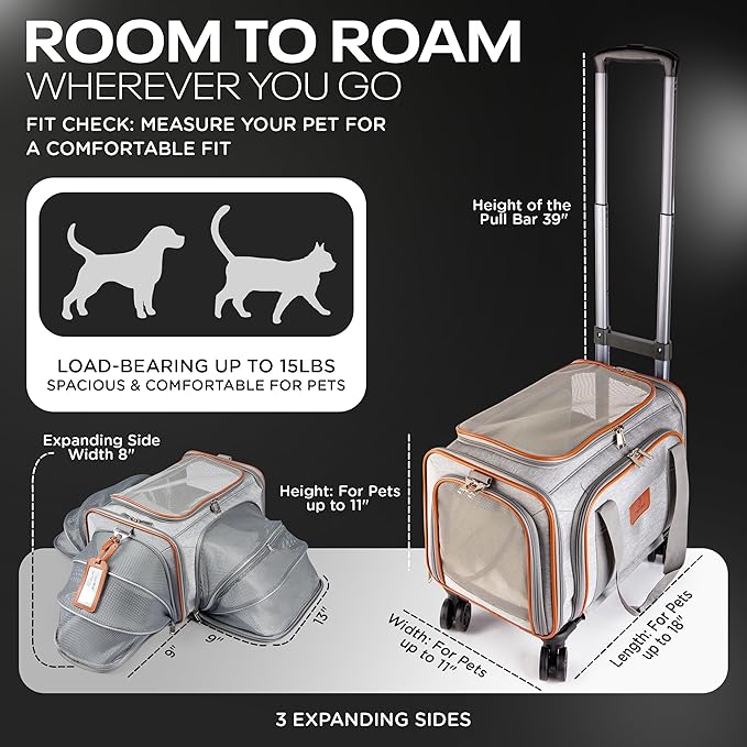 Premium Expandable Pet Carrier with Wheels - Airline Approved Rolling Travel Carrier for Small Dogs & Cats - Detachable Design with Name Tag, Seatbelt Buckles & Treat Pocket (18x11x11) - Ice Gray