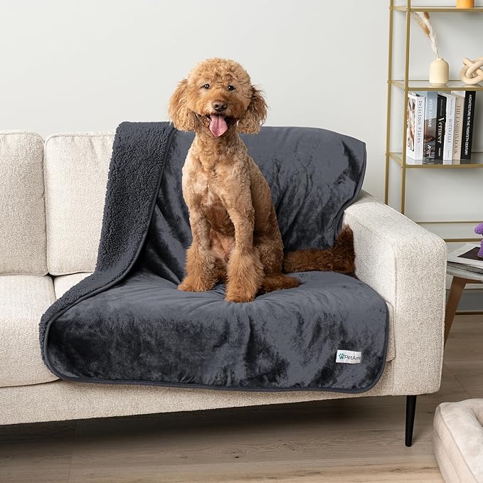 PetAmi Waterproof Dog Blanket Sherpa Fleece, Pet for Medium Large Dogs, Reversible Cat Throw Bed Couch Sofa Furniture Protector, Soft Plush Microfiber (Queen 90x90, Gray), Queen (90x90)