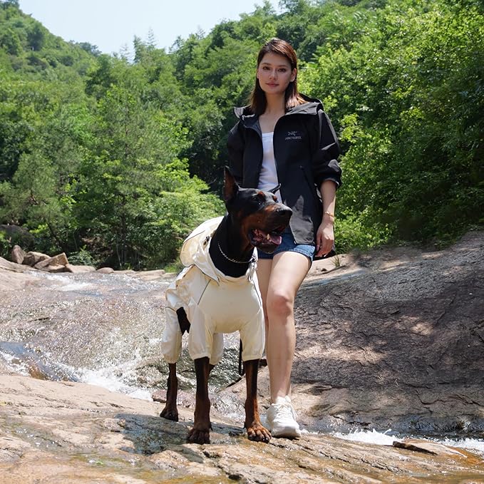 LOVELONGLONG Waterproof Dog Raincoat with Removable Hood – Outdoor Full Body Dog Jacket, Windproof Snowproof Shell Suit – All Season Pet Rain Gear Ivory XXL