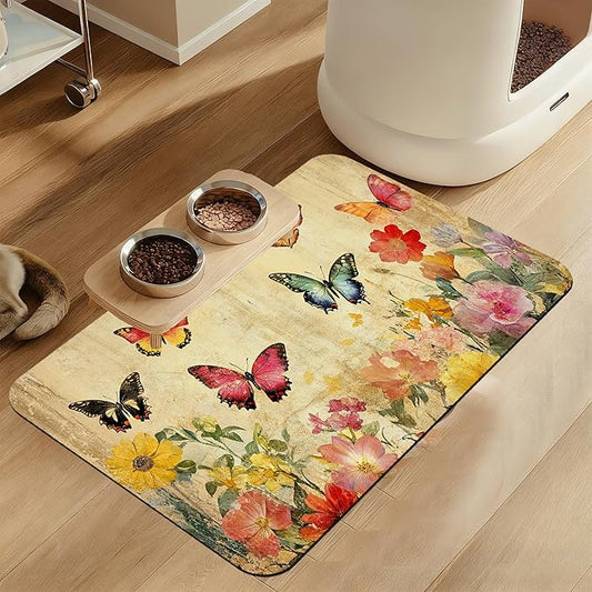 Vintage Butterfly Floral Pet Food Mat for Cats and Dogs–Absorbent Quick Dry Feeding Placemat, Non Slip Rubber Base, Waterproof Bowl Mat for Indoor Use, Pet Supplies 16"x24"