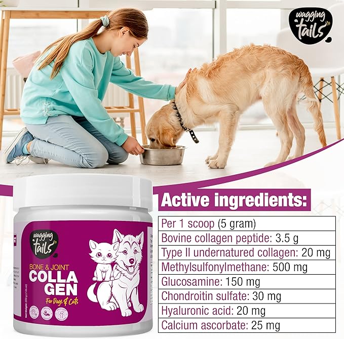Bone & Joint Collagen Topper for Dog & Cat – UC-II Undenatured Type II, I & III Collagen Peptides – Supplement for Mobility, Flexibility & Cartilage Health – Unflavoured Powder Easy to Digest – 7 oz