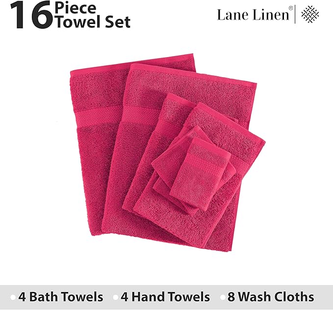 LANE LINEN 100% Mercerized Cotton Luxury Bathroom Towel Set - 16 Pcs - Premium Super Soft, Fluffy & Highly Absorbent - 4 Bath Towels, 8 Washcloths, 4 Hand Towels - Pre Shrunk, Pet Friendly - Fuschia