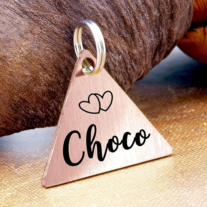Ultra Joys Personalized Cat Collar Name Tag Small Pet ID Tags for Cats - Customized Mini Cute Dog Cat ID Tag - Bothside Engravable Lightweight Durable Stainless Steel - Triangle Tag in Rose Gold