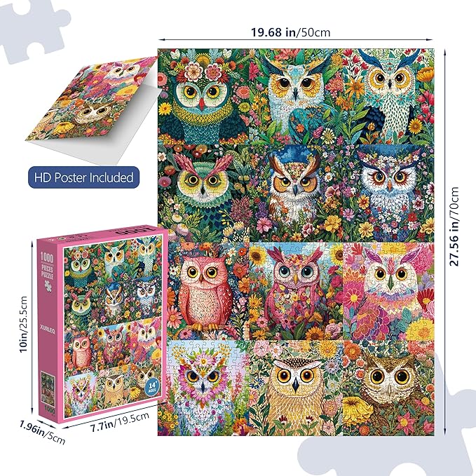 Vintage Collaged Owl Jigsaw Puzzles 1000 Pieces for Adults -Challenging Impossible Bird Art, Premium Matte Finish, 27.56 x 19.68 Inches, Perfect for Game Nights
