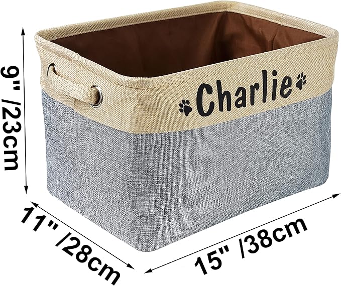 PET ARTIST Collapsible Dog Toy Storage Basket Bin with Personalized Pet's Name - Rectangular Storage Box Chest Organizer for Dog Toys,Dog Coats,Dog Clothing,Dog Apparel and Accessories,Grey