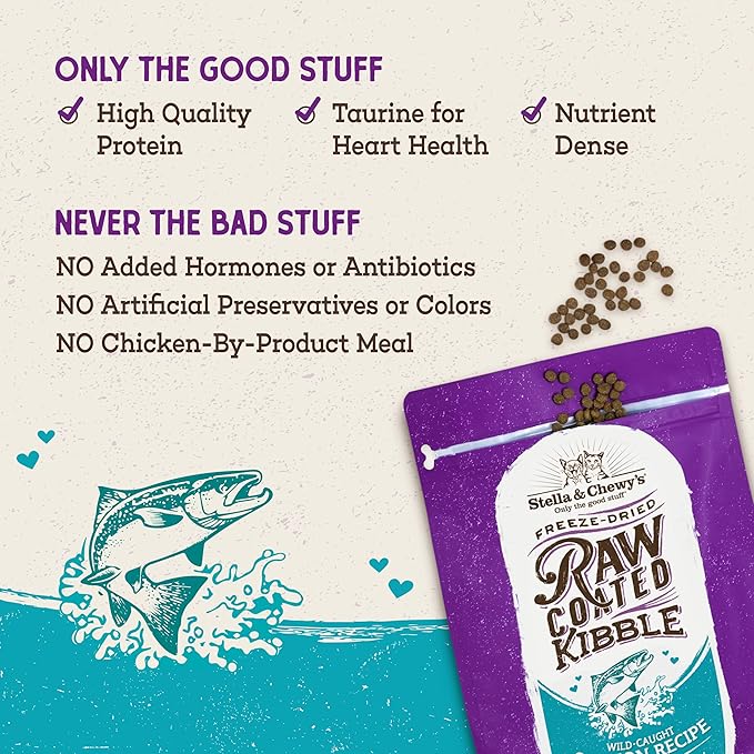 Stella & Chewy's Raw Coated Cat Food - High Protein, Grain-Free Kibble with Wild-Caught Salmon - Premium Digestive Support with Probiotics - Natural Small Kibble - Perfect For Picky Eater - 10 lb Bag