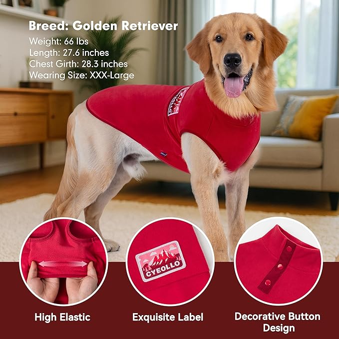 cyeollo 3XL Fleece Dog Sweater, Pullover Sweatshirt Stretchy Fleece Vest Warm Winter Fall Clothes for Large Dogs Boy Girl Turtleneck Pet Apparel, Red XXXL
