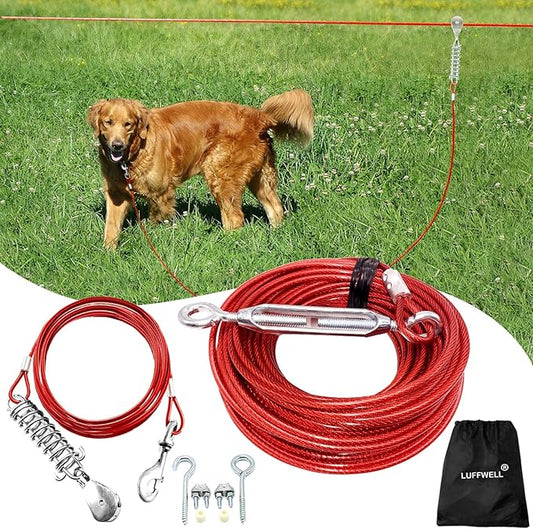 100FT Dog Runner for Yard with 10FT Tie Out Cable - Heavy Duty Trolley System for Large Dogs Up to 250LBS, Backyard/Park/Camping Use (Red, 100FT+10FT)