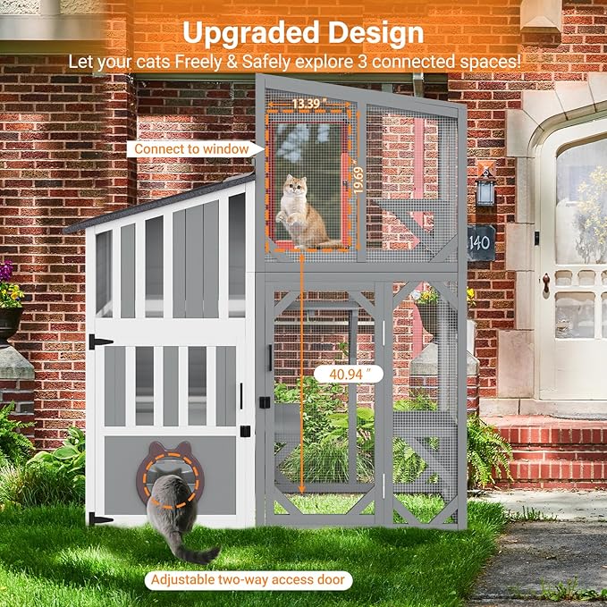 3 Tiers Catio 69" H Large Cat Enclosures House for Outdoor Indoor Feral Cats Shelter with Window Access, Adjustable Two-Way Access Hole, Weatherproof Roof, 3 Resting Rooms, 3 Platforms