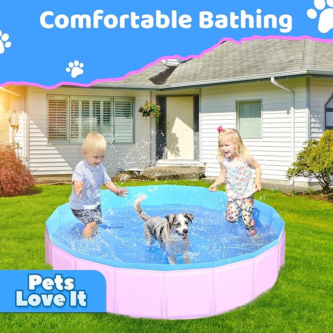 2025 Updated Foldable Dog Pool, 55" x 12" Kiddie Pool with Hard Plastic, Non-Slip Dog Bath Tub for Outdoor Backyard, Collapsible Dog Swimming Pool for Kids Dogs Pets (Pink)