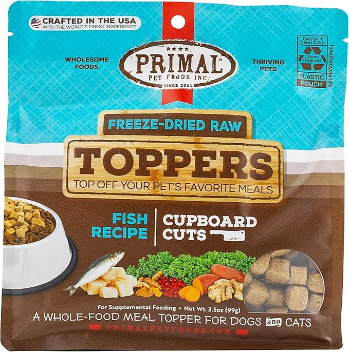Primal Dog Food Toppers & Cat Food Toppers, Cupboard Cuts, Grain Free Meal Mixers with Probiotics, Raw Freeze Dried Dog Treats & Cat Treats, Great for Training (Fish, 3.5 oz)
