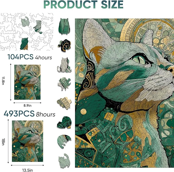Mocfesk Wooden Puzzles for Adults, Cat Puzzles 493 Pieces, Unique Shaped Animal Jigsaw Puzzles for Adults and Kids, Birthday Gifts Fun Challenge Family Game 13.5'' x 18''