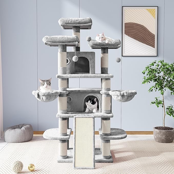 Allewie 68 Inches Cat Tree/House and Towers for Big Feline/Scratching Post/Multi-Level Large Kitty Climbing Tree with Condo/Light Grey