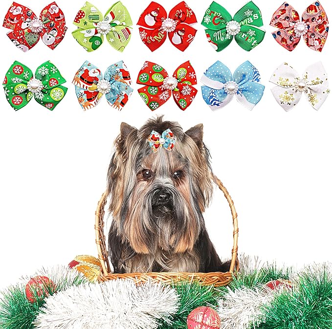 PET SHOW 20pcs Christmas Dog Hair Bows with Alligator Clips for Small Medium Dogs Bowknot Hair Clips Cat Puppy Yorkshire Grooming Hair Accessories for Xmas Party Costumes Assorted Randomly