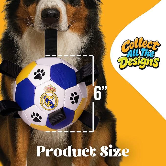 ProBall Pets Interactive Dog Soccer Ball with Grab Tabs - Floats on Water, Fetch & Training Toy for Small Medium Dogs, Herding Breeds - Waterproof Non-Toxic - 6" Real Madrid