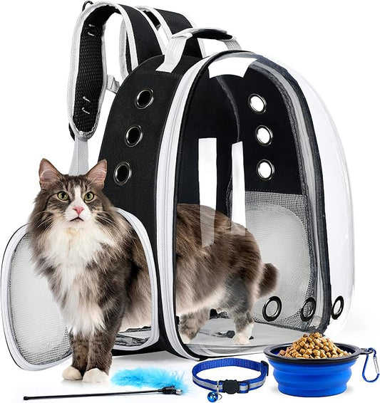 Cat Backpack Carrier with Collapsable Dog Bowl, Cat Collar & Interactive Cat Toy - Airline Approved Bubble Carrying Bag for Medium Dogs & Cats, Animal Carrier Backpacks, Pet Backpack | Black