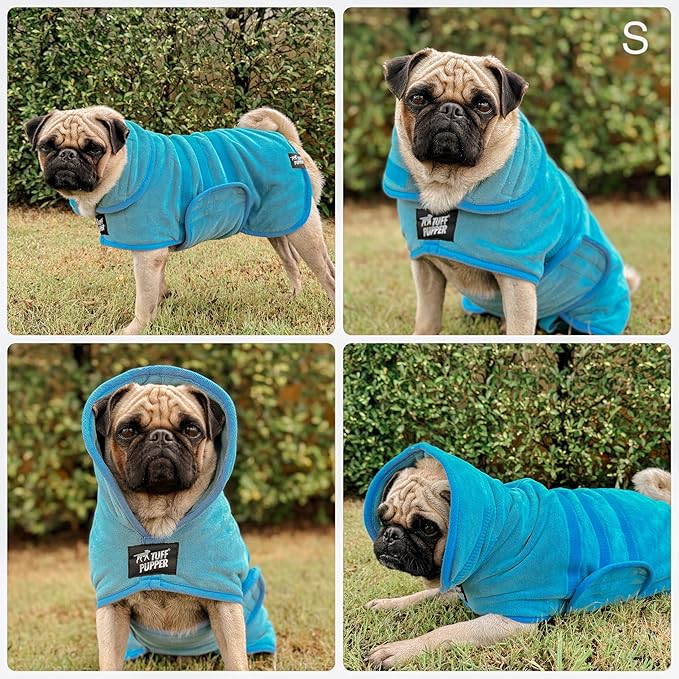 Tuff Pupper Fast Drying Dog Bath Robe | 800 GSM Plush Dog Towel Bathrobe/Dressing Gown | Super Absorbent Pet/Puppy Bathrobe | Adjustable Hood & Belly Strap | Super Soft | Fast Drying (S, Blue)
