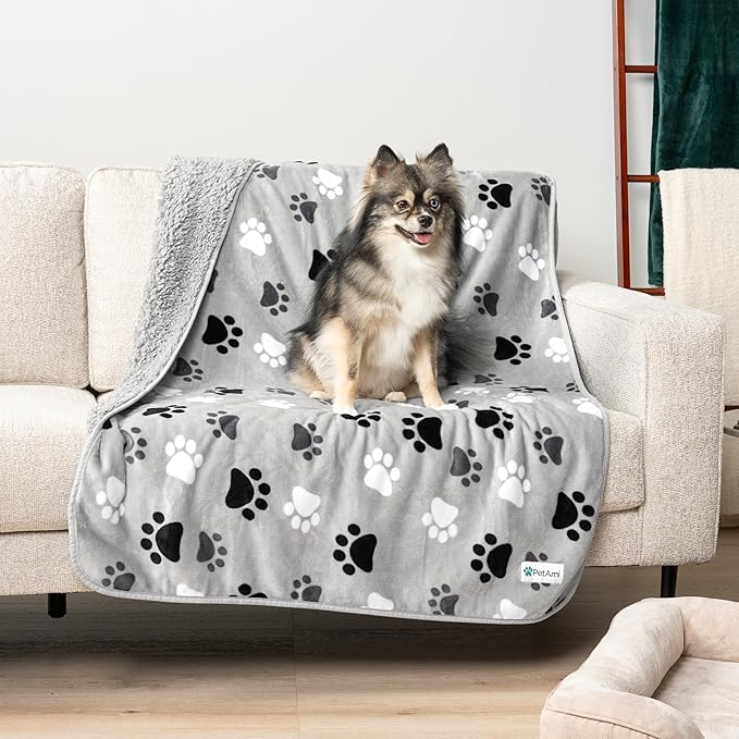 PetAmi Waterproof Dog Blanket - Pee Proof for Extra Large Dogs, Reversible for Puppy & Cat, Soft Dog Crate Cover, Queen 90x90 Paw Gray
