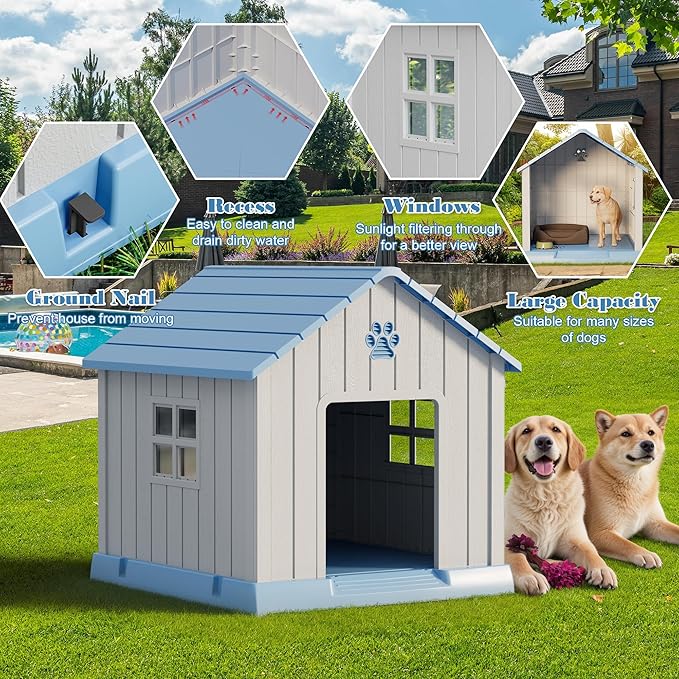Dog House Outdoor Indoor - Waterproof, Ventilated, Easy to Clean, Elevated Floor for Small-Large Dogs, Easy to Assemble (Blue, 37.2" L x 40" W x 40" H)