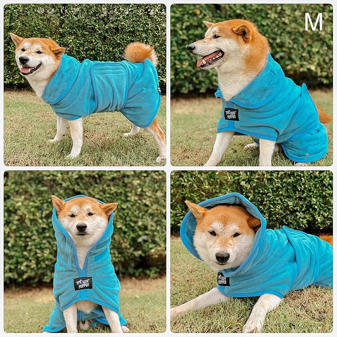 Tuff Pupper Bathrobe, Medium, Blue - Fast Drying Dog Towel Robe/Dressing Gown, 800 GSM Plush, Super Absorbent, Adjustable Hood & Belly Strap, Super Soft, Microfiber, Quick Dry