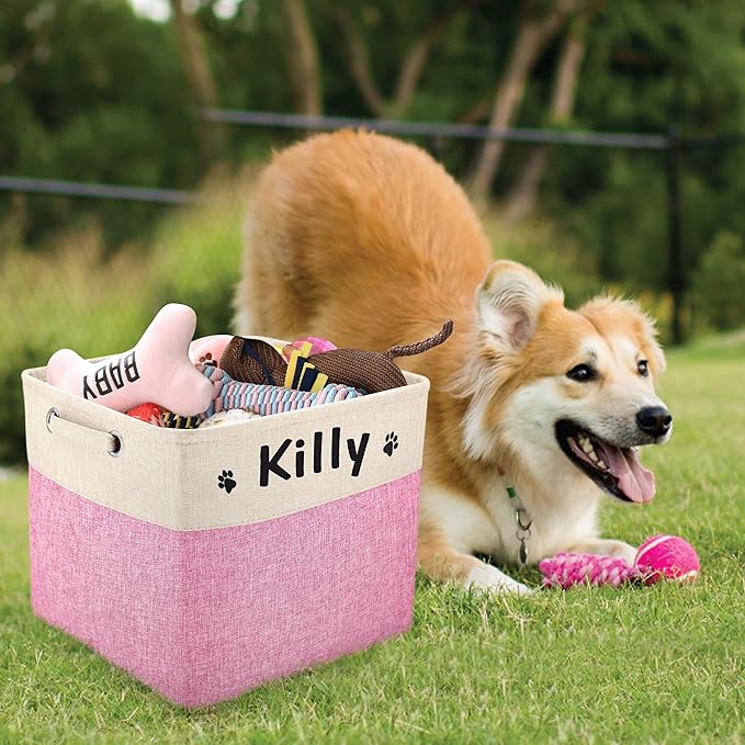 PET ARTIST Collapsible Dog Toy Storage Basket Bin with Personalized Pet's Name - Rectangular Storage Box Chest Organizer for Dog Toys,Clothing,Apparel & Accessories (Pink Big One)