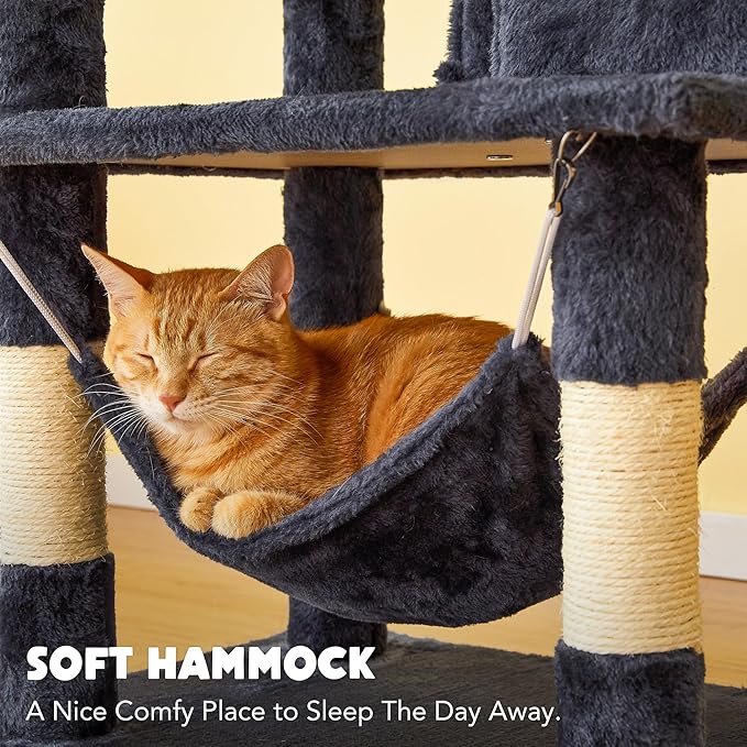Cat Tree for Indoor Cats - Tall Multi-Level Cat Tower with Condos, Sisal Scratching Posts and Hammock, Top Perch with Dangling Toys for Large Cats and Kittens, Smoky Grey